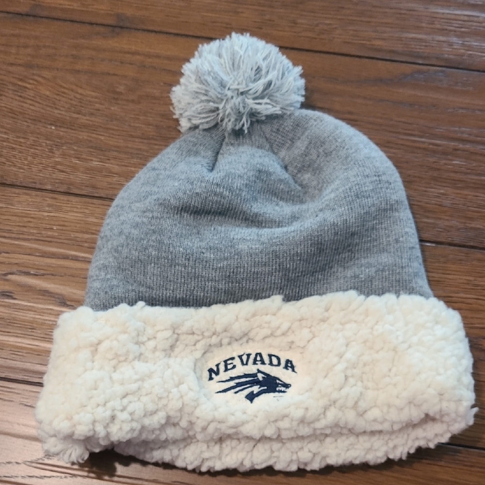 Womens Gray and Cream Pom-Pom Beanie